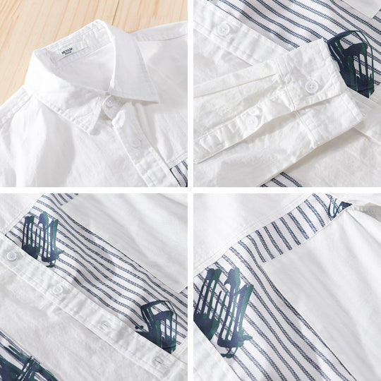 Herren Casual-Overshirt aus Baumwollpopeline mit gestreiften Patch-Einsätzen und Pinselprint Nord Taschen