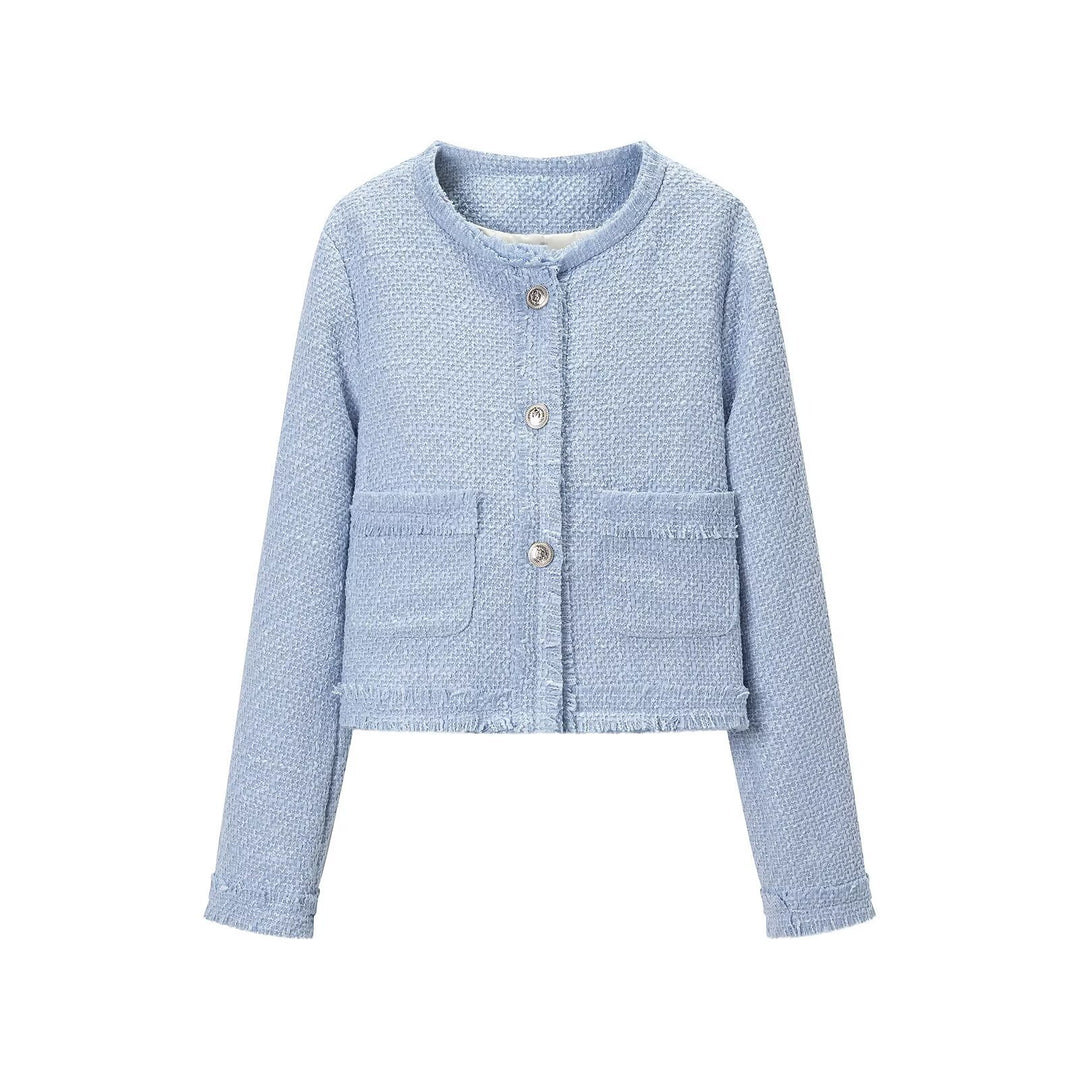 Damen Cropped Bouclé‑Jacke mit Rundhalsausschnitt, Fransenbesatz und aufgesetzten Pattentaschen Nord Taschen