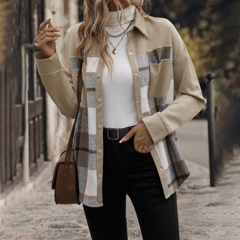 Damen Oversized Hemdjacke mit kariertem Frontpanel, Druckknopfverschluss und aufgesetzten Brusttaschen Nord Taschen