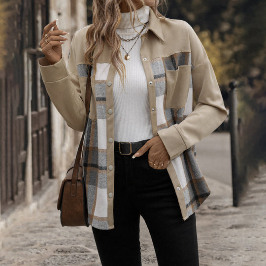 Damen Oversized Hemdjacke mit kariertem Frontpanel, Druckknopfverschluss und aufgesetzten Brusttaschen Nord Taschen