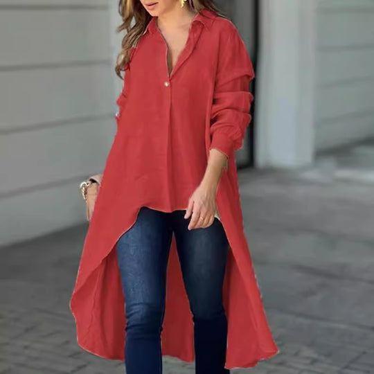 Damen Leichte Leinen‑Tunika‑Bluse mit asymmetrischem High‑Low‑Schwanz und Hemdkragen Nord Taschen