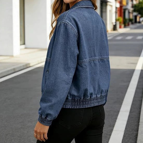 Damen Leichte Cropped-Jeansjacke mit Gummibündchen und Reißverschluss Nord Taschen
