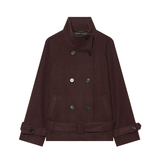 Damen Kurzer doppeltreihiger Wollmantel mit Taillengürtel und Stehkragen Nord Taschen