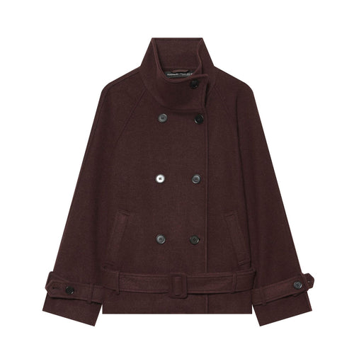 Damen Kurzer doppeltreihiger Wollmantel mit Taillengürtel und Stehkragen Nord Taschen