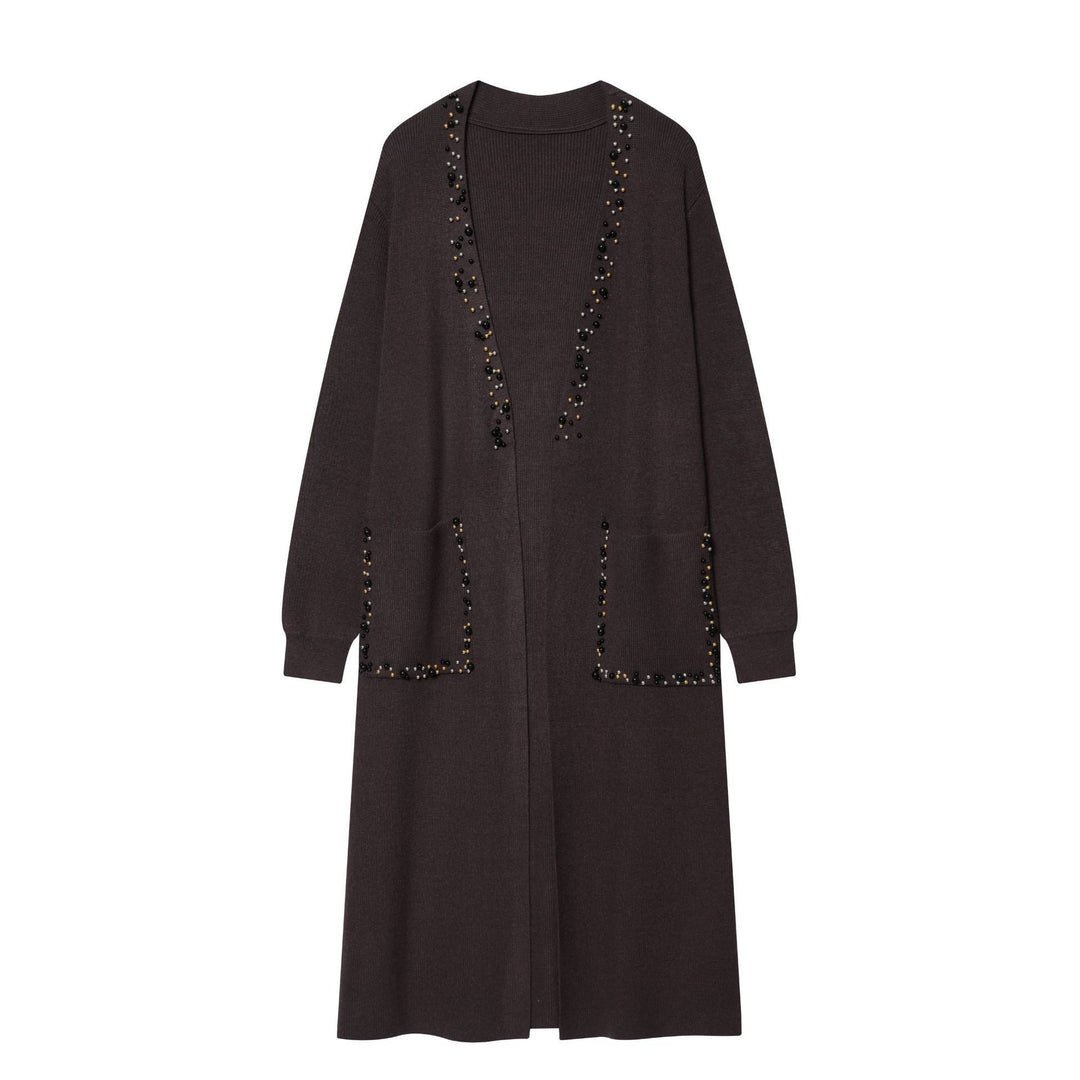 Damen langer Strickcardigan mit Perlenverzierung und aufgesetzten Taschen Nord Taschen