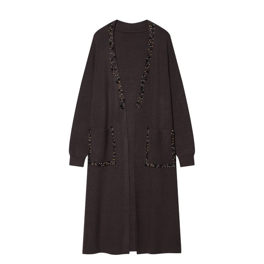 Damen langer Strickcardigan mit Perlenverzierung und aufgesetzten Taschen Nord Taschen