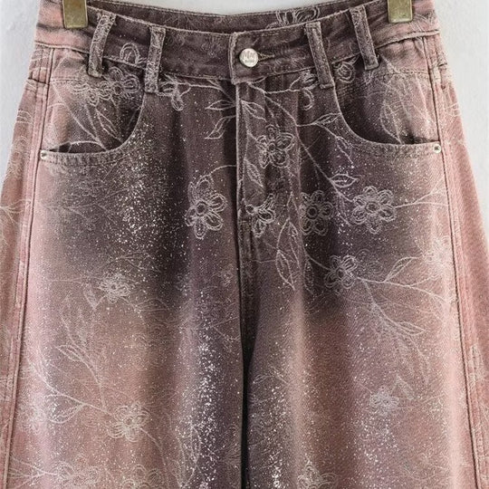Damen High‑Waist-Jeanshose mit weitem Bein, floraler Vintage‑Print und Five‑Pocket-Schnitt Nord Taschen