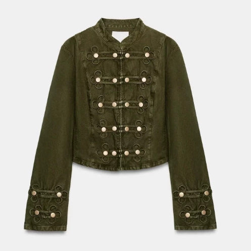 Damen Kurze Militärinspirierte Crop‑Jacke mit Schmuckknopfleiste und Zierstickerei Nord Taschen