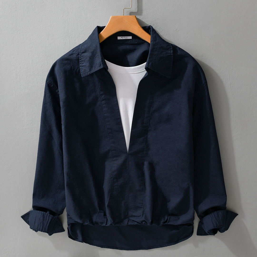 Herren Leichtes Leinen-Overshirt mit V-Ausschnitt, Hemdkragen und elastischem Saum Nord Taschen