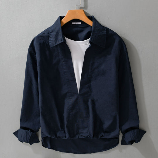 Herren Leichtes Leinen-Overshirt mit V-Ausschnitt, Hemdkragen und elastischem Saum Nord Taschen