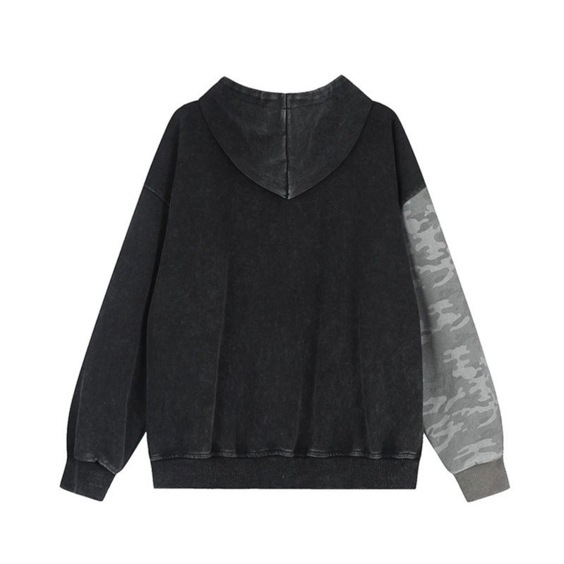 Unisex Oversize-Kapuzen-Zipjacke mit Camouflage-Ärmel, Washed‑Effekt und erhabener Frontstickerei Nord Taschen