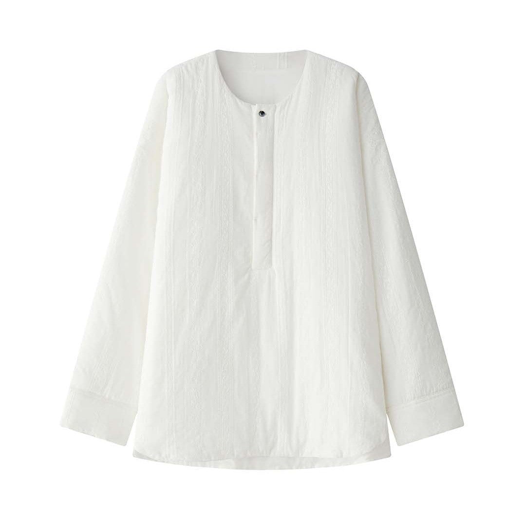 Damen Oversized strukturierte Longbluse mit Rundhals und verlängertem Saum Nord Taschen