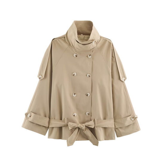 Damen Kurz geschnittener Cape-Trenchcoat mit Stehkragen und Taillengürtel Nord Taschen