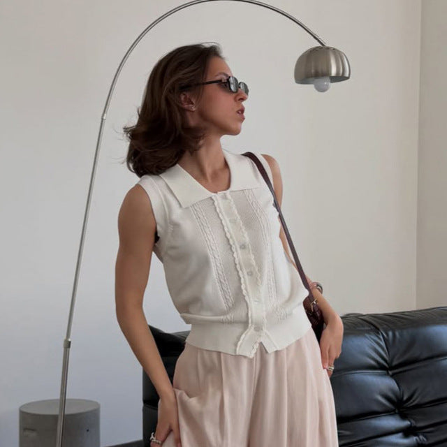 Damen Ärmelloses Stricktop mit Hemdkragen, Zierknopfleiste und feiner Strukturierung Nord Taschen