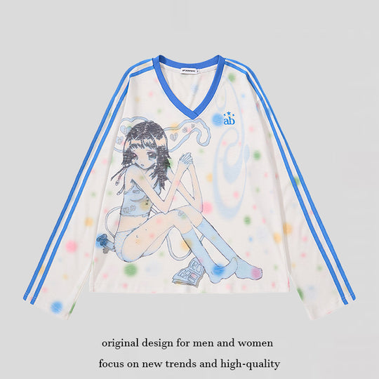 Damen Cropped Mesh-Longsleeve mit V-Ausschnitt, Anime-Print und Kontraststreifen Nord Taschen