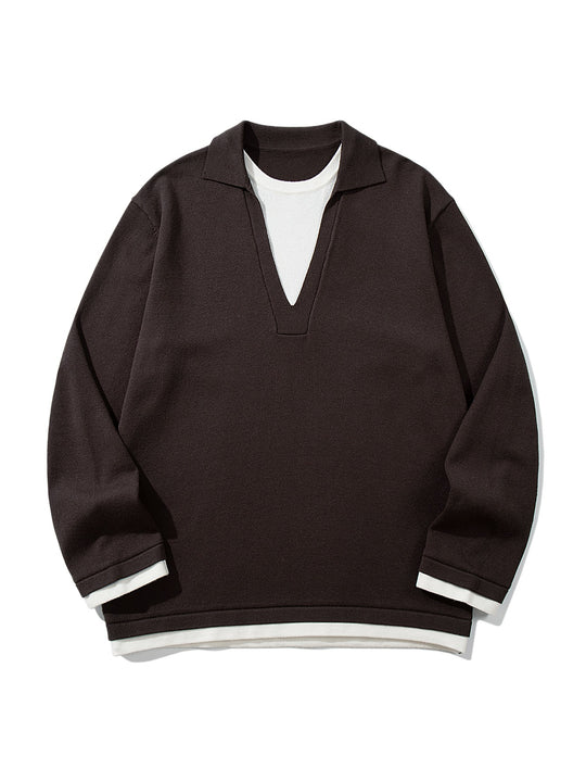 Unisex Lässiger Oversize Strickpullover mit tiefem V Einsatz und Hemd‑Layer Optik Nord Taschen