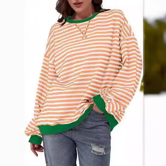 Damen Gestreifter Oversize Pullover mit Kontrastbündchen Nord Taschen