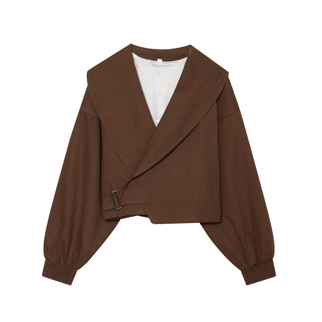 Damen Cropped-Manteljacke mit weitem Schalkragen, Taillenriegel und Ballonärmeln Nord Taschen