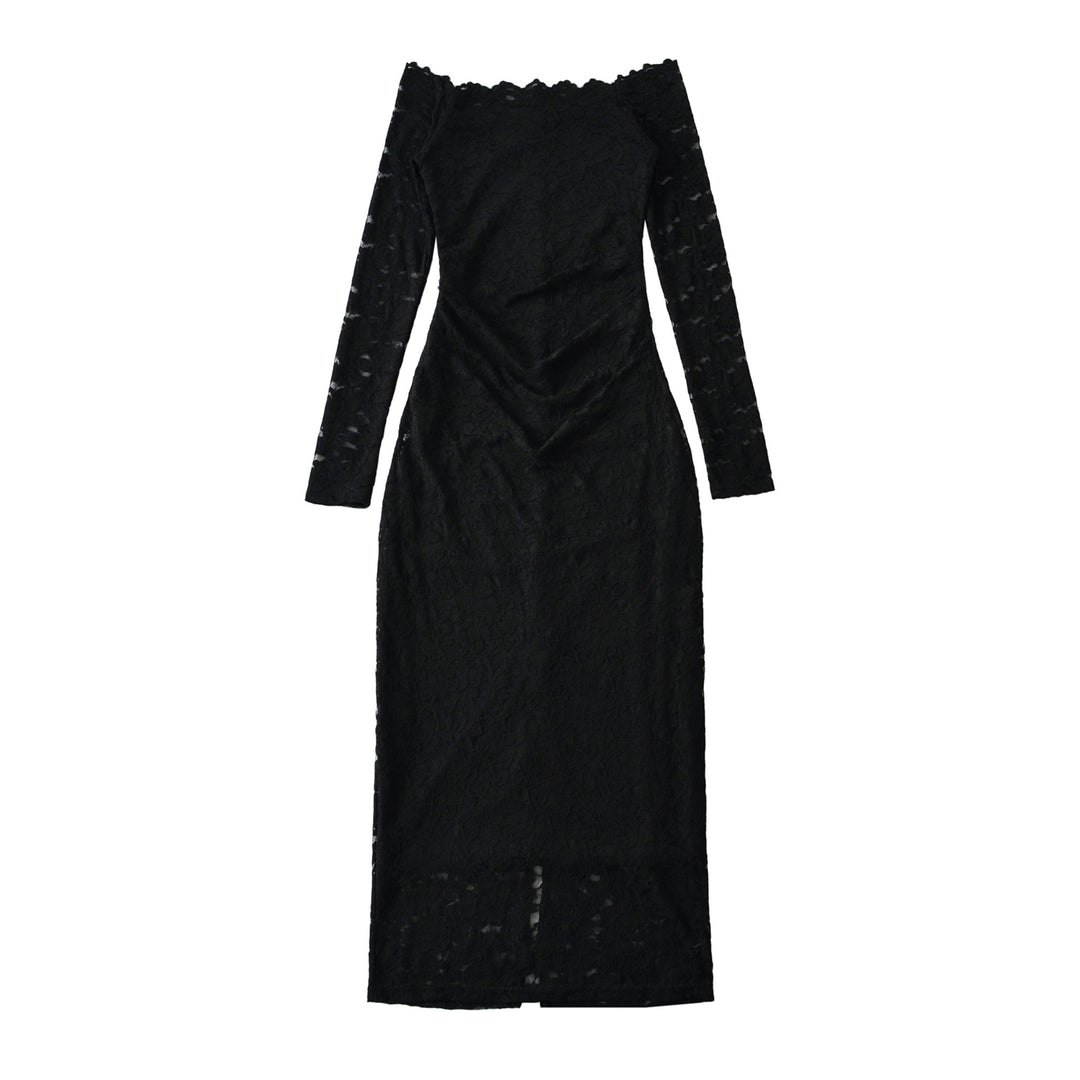 Damen Schulterfreies Spitzenkleid mit Taillenraffung und Langarm Nord Taschen