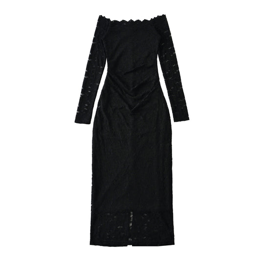 Damen Schulterfreies Spitzenkleid mit Taillenraffung und Langarm Nord Taschen