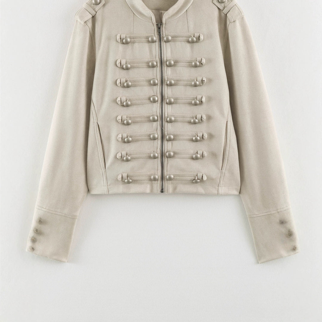 Damen Kurze Military-Jacke mit Zierknopfleiste und Stehkragen Nord Taschen