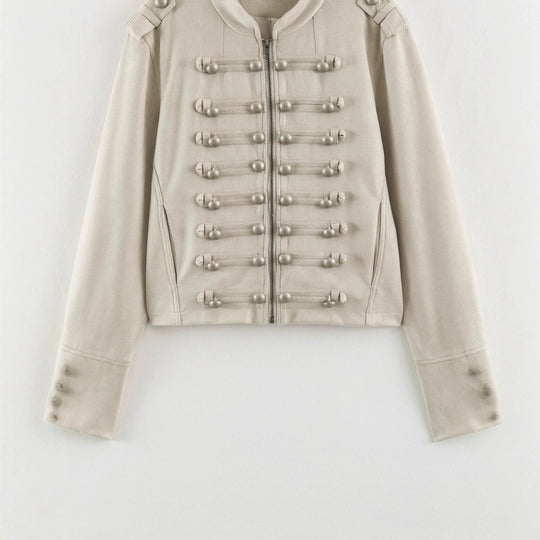Damen Kurze Military-Jacke mit Zierknopfleiste und Stehkragen Nord Taschen