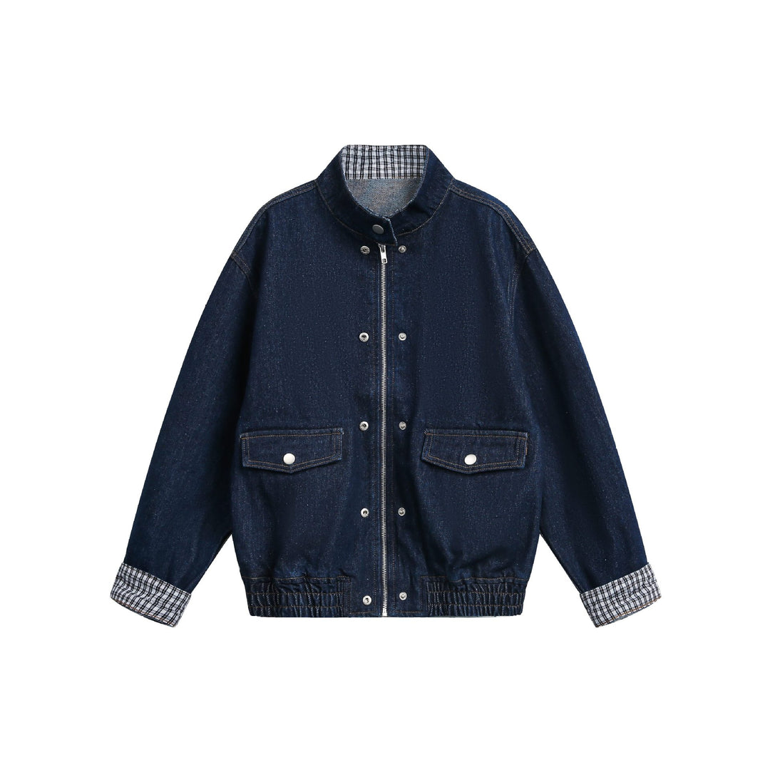 Damen Oversize-Denimjacke mit Stehkragen und Karo-Futter Nord Taschen