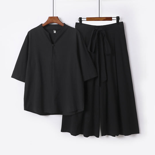Damen Lässiges Leinen-Viskose Lounge-Set mit Stehkragen-Oberteil und weiten Palazzo-Hose Nord Taschen
