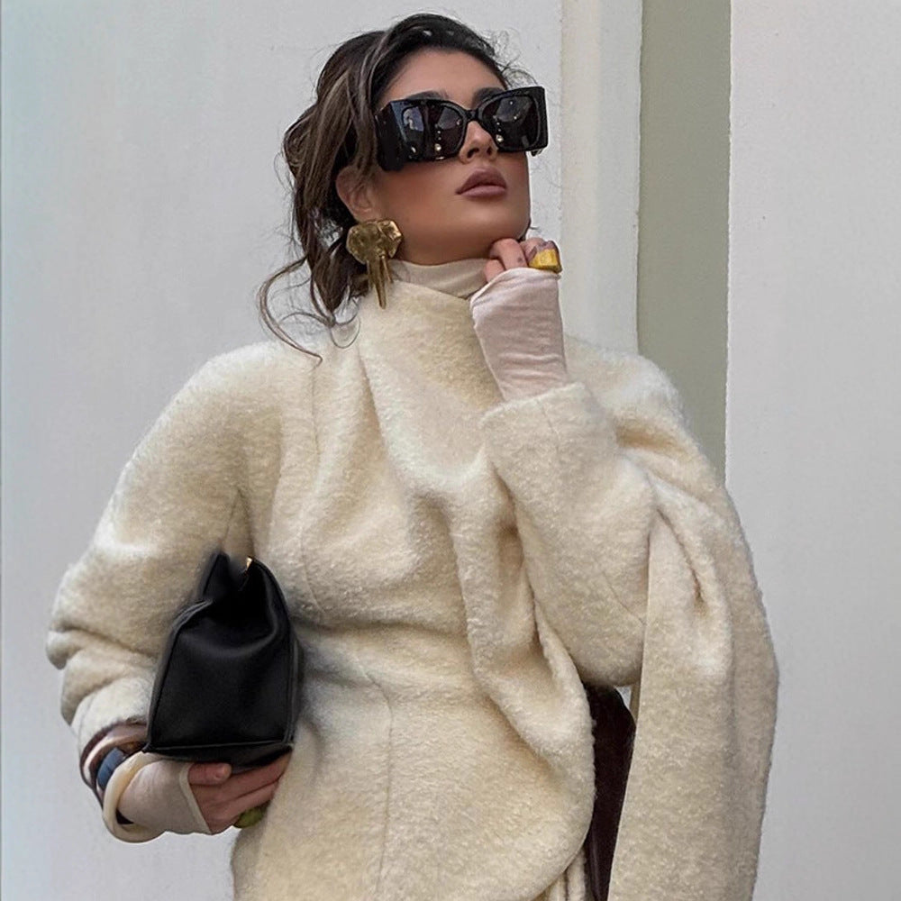 Damen Oversize Wollmix-Poncho mit asymmetrischem Fall und Bindebändern Nord Taschen