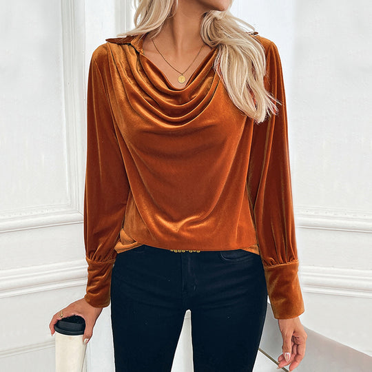 Damen Samtbluse mit Wasserfalldrapierung, Hemdkragen und Ballonärmeln Nord Taschen