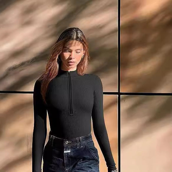 Damen Enganliegendes Rippstrick-Longsleeve mit Halbzip und Stehkragen Nord Taschen