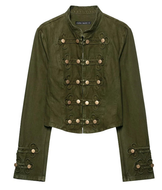 Damen Taillierte Cropped‑Militärjacke mit Zierknopfleiste und Stehkragen Nord Taschen