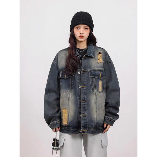 Unisex Vintage-Style Denim-Worker-Jacke mit Repair-Details und geradem Schnitt Nord Taschen