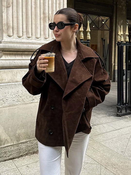 Damen Kurztrench aus Veloursleder-Optik mit weitem Revers und boxy Silhouette Nord Taschen