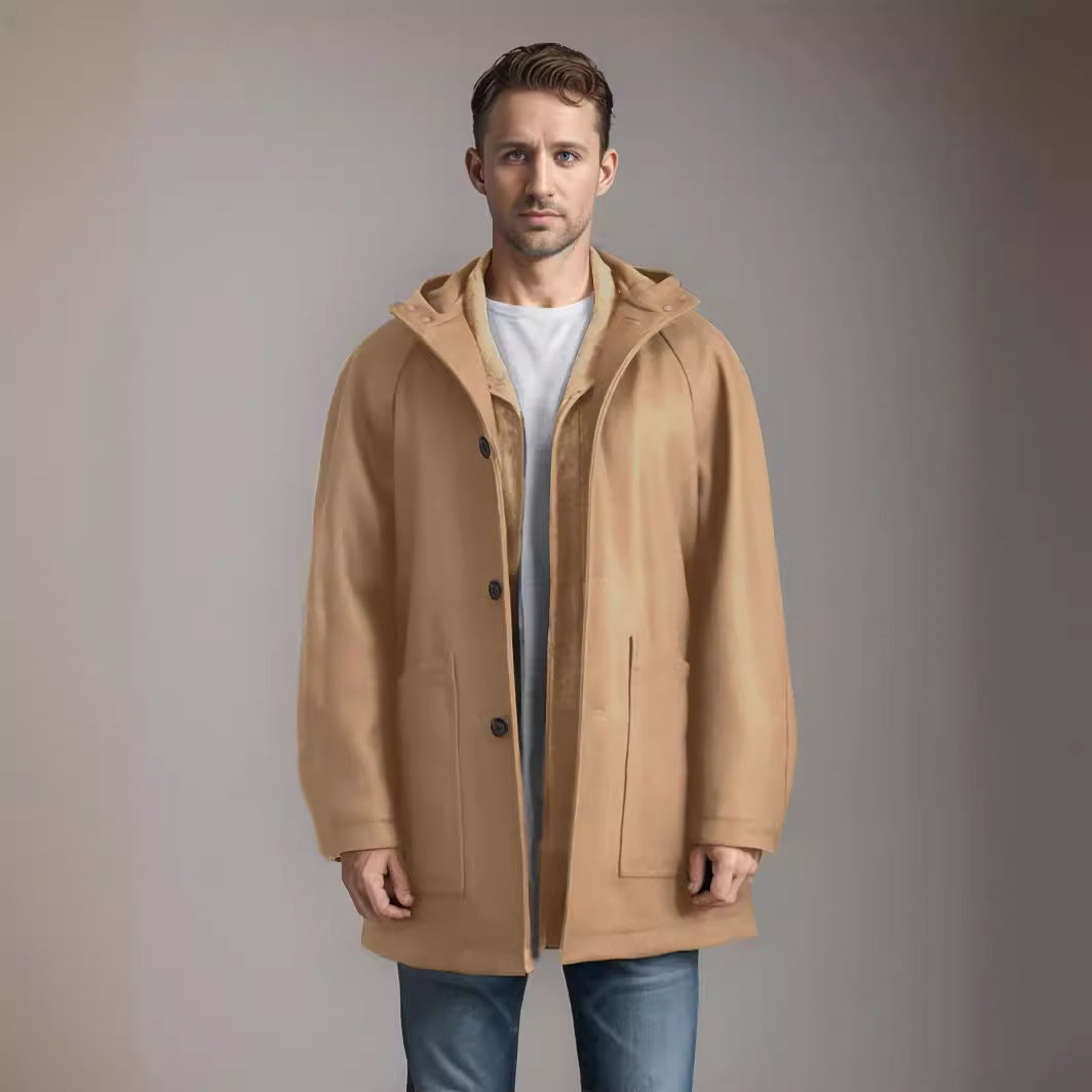 Herren Kapuzenmantel aus Wollmix mit gerader Silhouette, verdeckter Knopfleiste und großen Aufgesetzten Taschen Nord Taschen