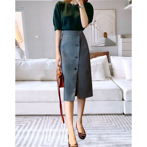 Damen Eleganter Midirock mit Knopfdetail und Taillengürtel Nord Taschen