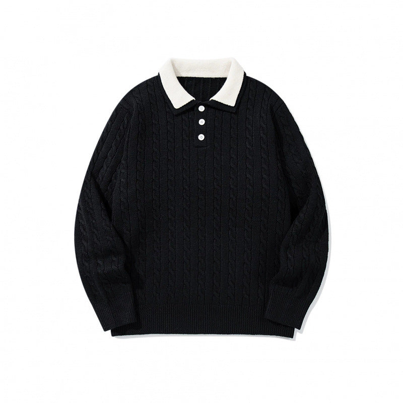 Herren Grobgestrickter Polokragen-Pullover mit Zopfmuster und Knopfleiste Nord Taschen