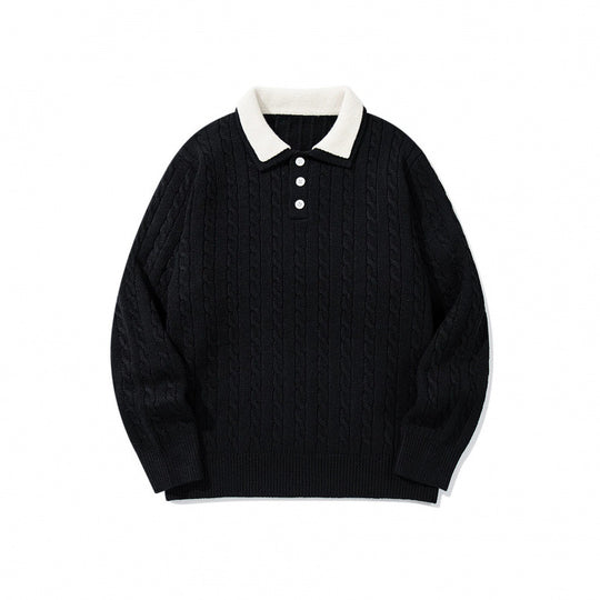 Herren Grobgestrickter Polokragen-Pullover mit Zopfmuster und Knopfleiste Nord Taschen