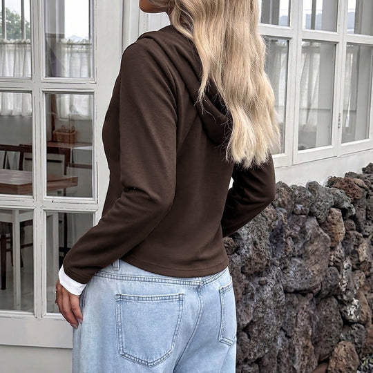 Damen Kapuzen-Henleyshirt mit Knopfleiste und Lagenlook Nord Taschen