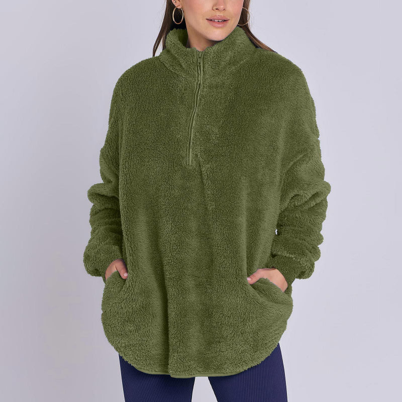 Damen Flauschiger Oversize-Sherpa-Pullover mit Halbzip und Kängurutaschen Nord Taschen