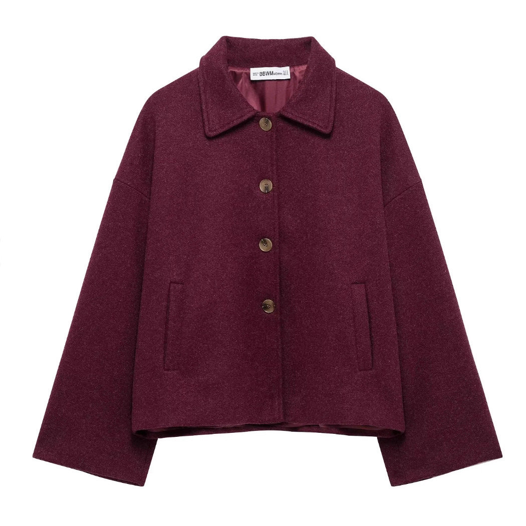Damen 600+ kurze boxy Wollmix‑Jacke mit Hemdkragen, geknöpfter Front und Eingrifftaschen Nord Taschen