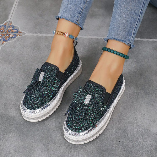 Damen Glitzer-Plateau-Slipper mit Schleifenapplikation und profilierter Komfortsohle Nord Taschen