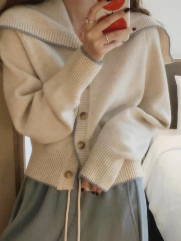 Damen Strickcardigan mit übergroßem Matrosenkragen und kontrastkante Nord Taschen