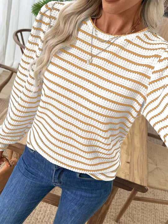 Damen Gestreiftes Feinstrick-Longsleeve mit strukturierter Masche und Rundhals Nord Taschen