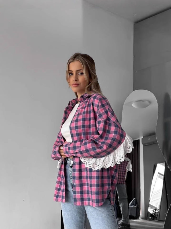 Damen Oversized Karierte Flanell-Hemdjacke mit lockerer Passform Nord Taschen