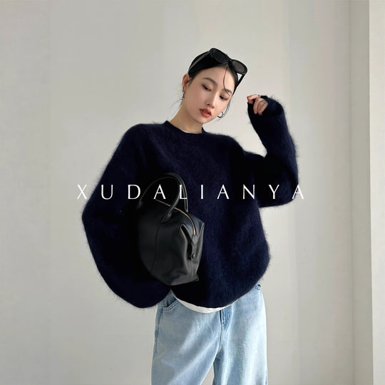 Damen weicher Mohair-Pullover mit Rundhals und Oversize-Schnitt Nord Taschen