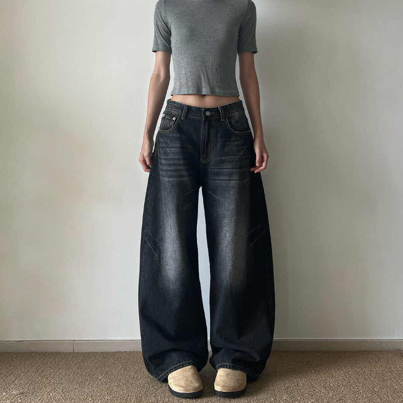 Damen Ultraweite Vintage-Denim Marlene-Jeans mit soften Used-Falten und bodenlangem Saum Nord Taschen