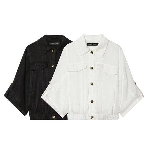 Damen kastige Overshirt-Jacke taillenkurz mit 3/4-Ärmeln und goldknöpfen Nord Taschen