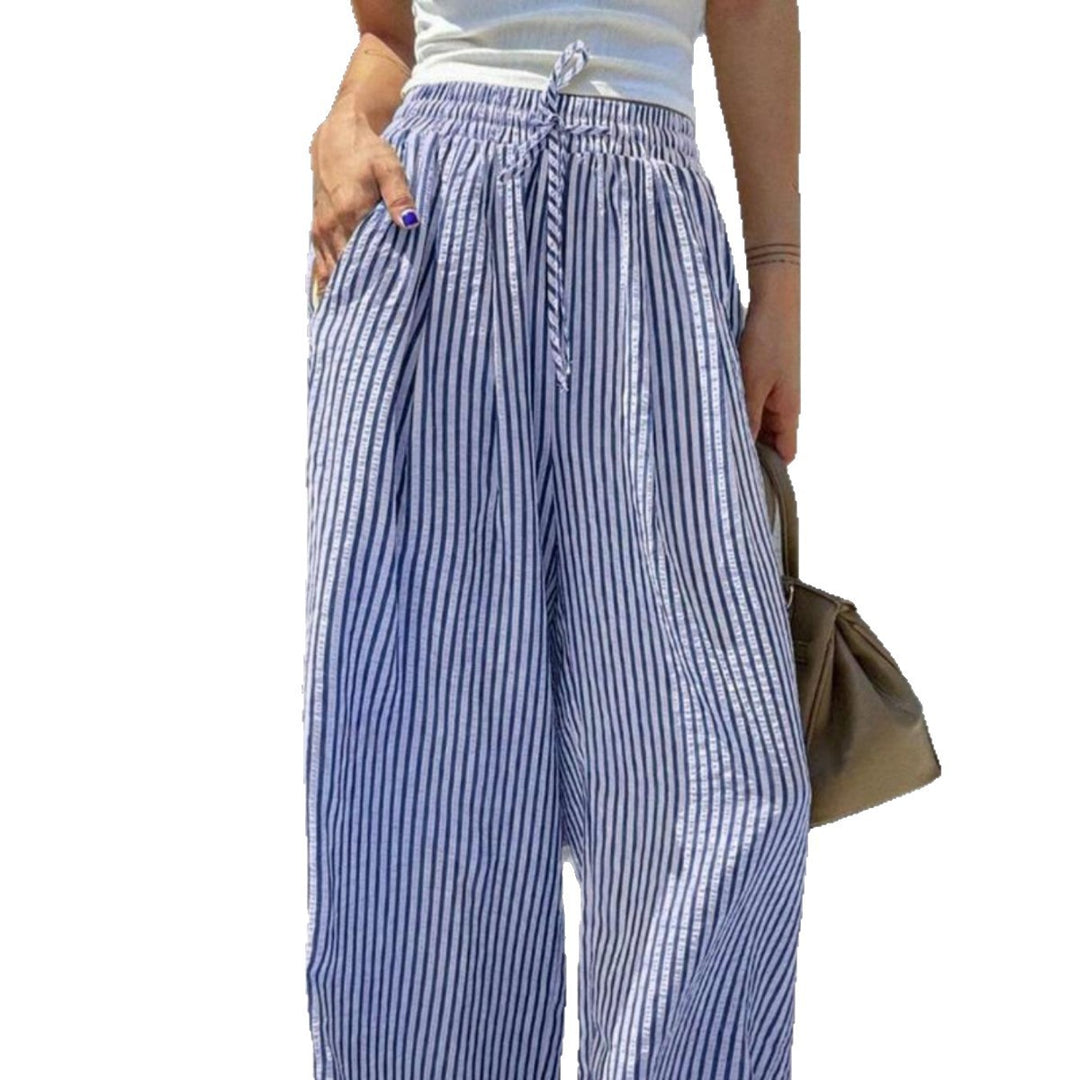 Damen Marlene-Streifenhose aus Leinenmix mit weitem Bein, Elastikbund und Kordelzug Nord Taschen