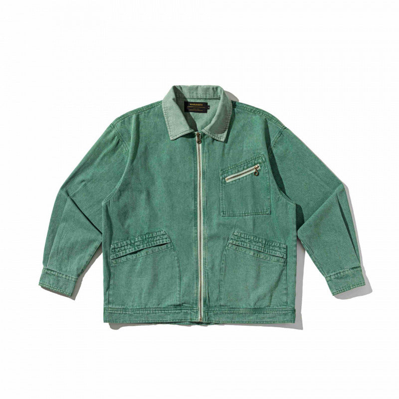 Unisex Kastenförmige Overshirt‑Jacke aus gewaschenem Denim mit Frontreißverschluss und Mehrfachtaschen Nord Taschen